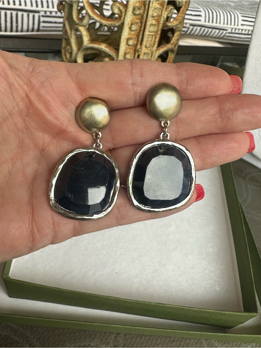 Chico's mixed-metal drop earrings with faceted dark blue stones